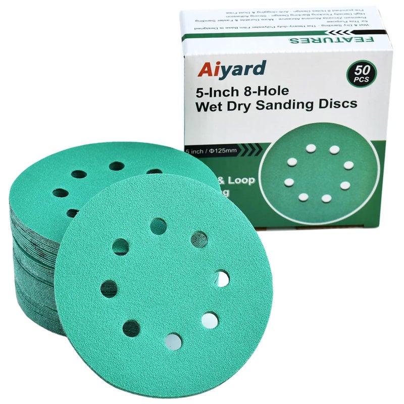 Aiyard 5-Inch 8-Hole Wet Dry Sanding Discs 100 Grit, Polyester Film Backed Heavy-Duty Hook and Loop Sandpaper for Random Orbital Sander, 50-Pack - Image 1